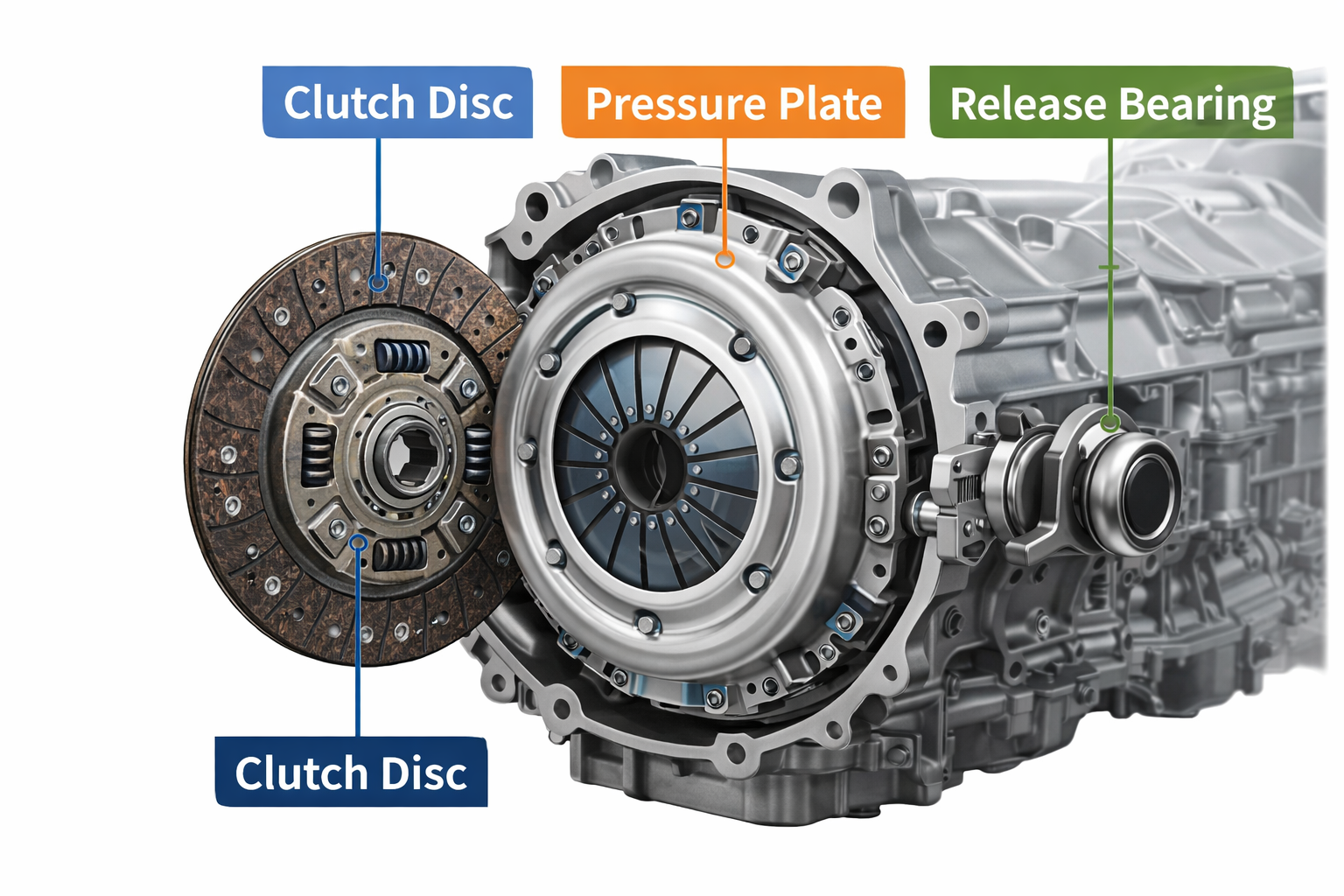 diagram showing the three main clutch components (disc, pressure plate, release bearing) in position.