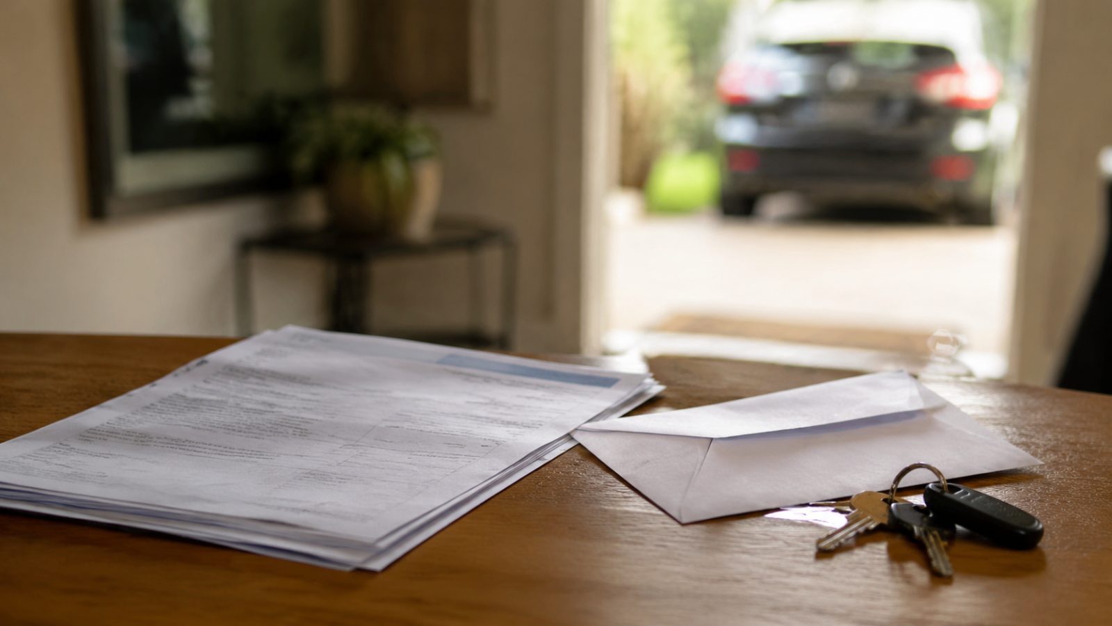 Vehicle registration renewal notice on a hall table beside an unopened envelope and car keys