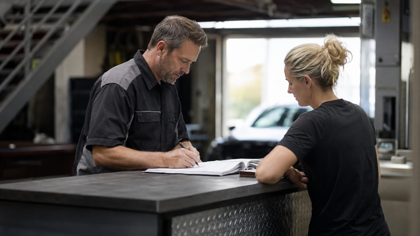Mechanic at a workshop counter taking roadworthy booking details from a customer with service diary open